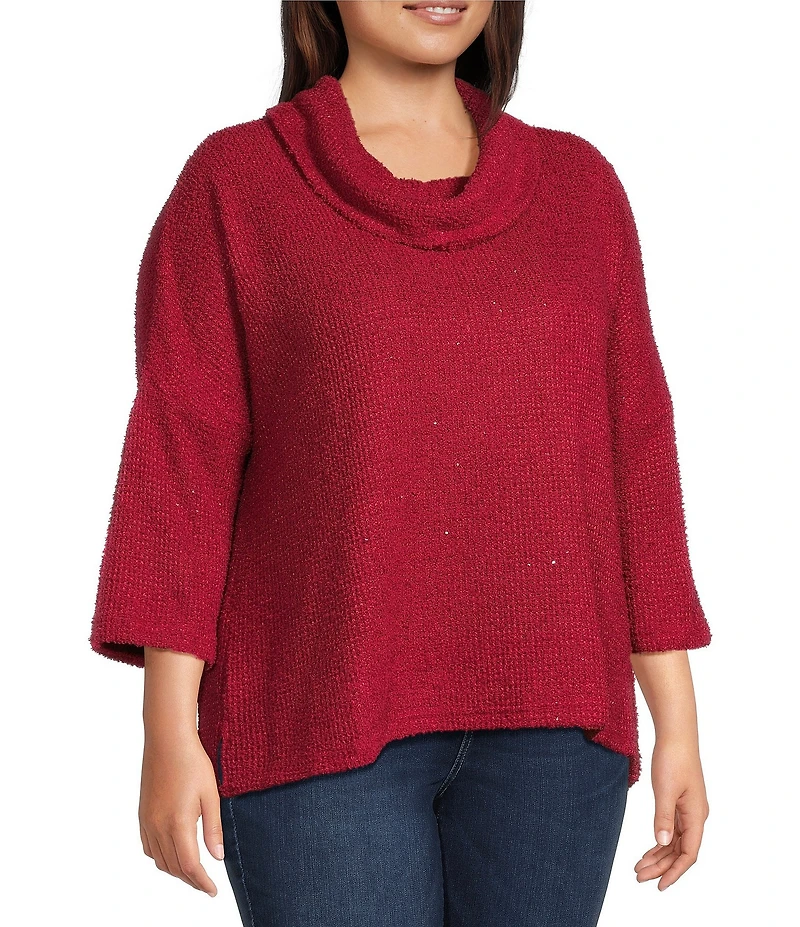 Ali Miles Plus Size Knit Cowl Neck 3/4 Dolman Sleeve Back Button Detail Tunic