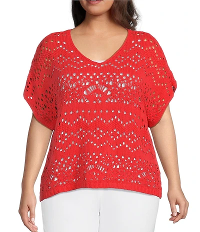 Ali Miles Plus Size Knit Crochet V-Neck Short Dolman Sleeve Top