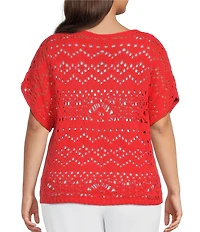 Ali Miles Plus Size Knit Crochet V-Neck Short Dolman Sleeve Top