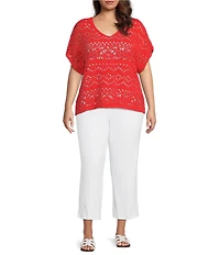 Ali Miles Plus Size Knit Crochet V-Neck Short Dolman Sleeve Top