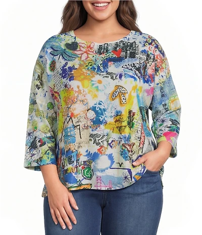 Ali Miles Plus Size Knit Graffiti Doodle Abstract Crew Neck 3/4 Sleeve High-Low Top