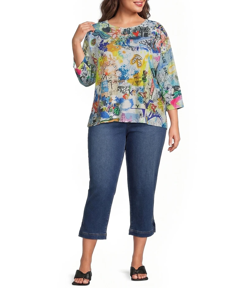 Ali Miles Plus Size Knit Graffiti Doodle Abstract Crew Neck 3/4 Sleeve High-Low Top