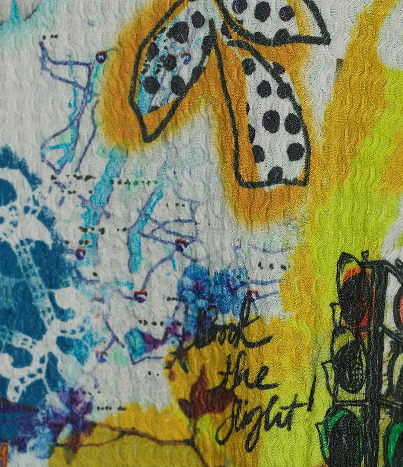 Ali Miles Plus Size Knit Graffiti Doodle Abstract Crew Neck 3/4 Sleeve High-Low Top