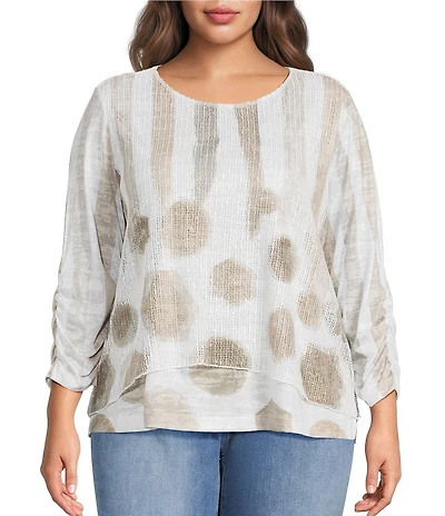 Ali Miles Plus Size Knit Mesh Overlay Striped Dotted Round Neck 3/4 Cinched Sleeve Top