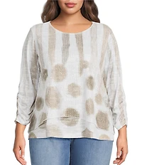 Ali Miles Plus Size Knit Mesh Overlay Striped Dotted Round Neck 3/4 Cinched Sleeve Top