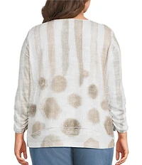 Ali Miles Plus Size Knit Mesh Overlay Striped Dotted Round Neck 3/4 Cinched Sleeve Top