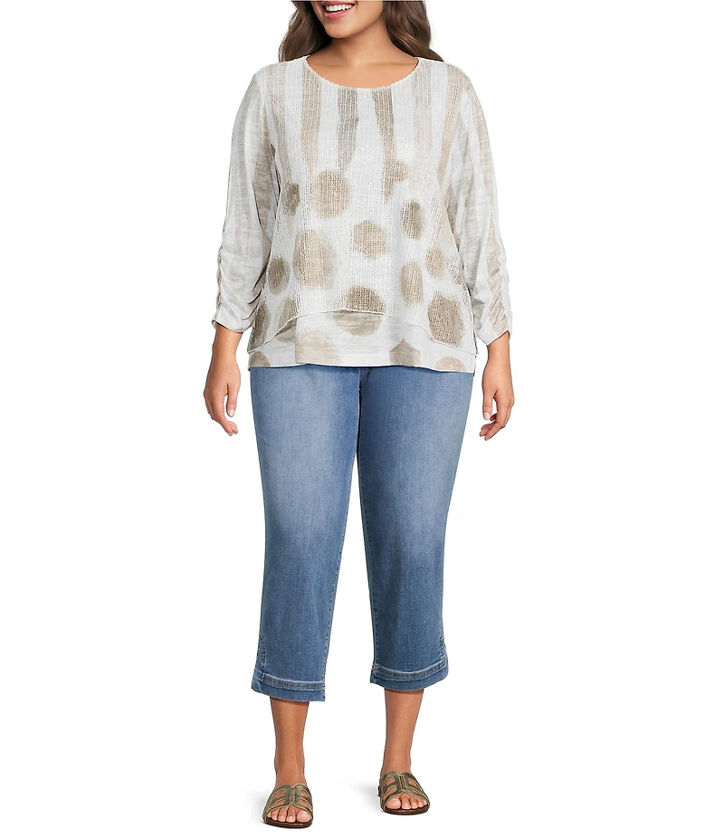 Ali Miles Plus Size Knit Mesh Overlay Striped Dotted Round Neck 3/4 Cinched Sleeve Top