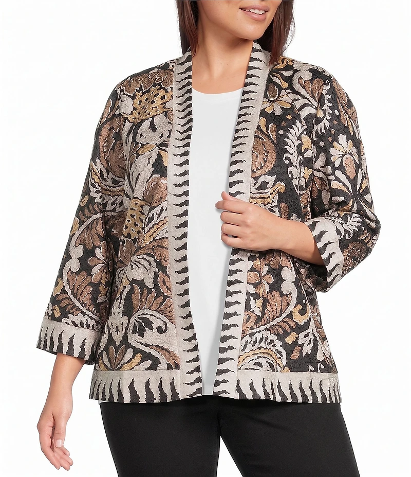 Ali Miles Plus Size Knit Textured Abstract Floral Multi Print 3/4 Sleeve Reversible Open-Front Kimono Jacket