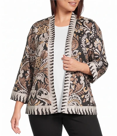 Ali Miles Plus Size Knit Textured Abstract Floral Multi Print 3/4 Sleeve Reversible Open-Front Kimono Jacket