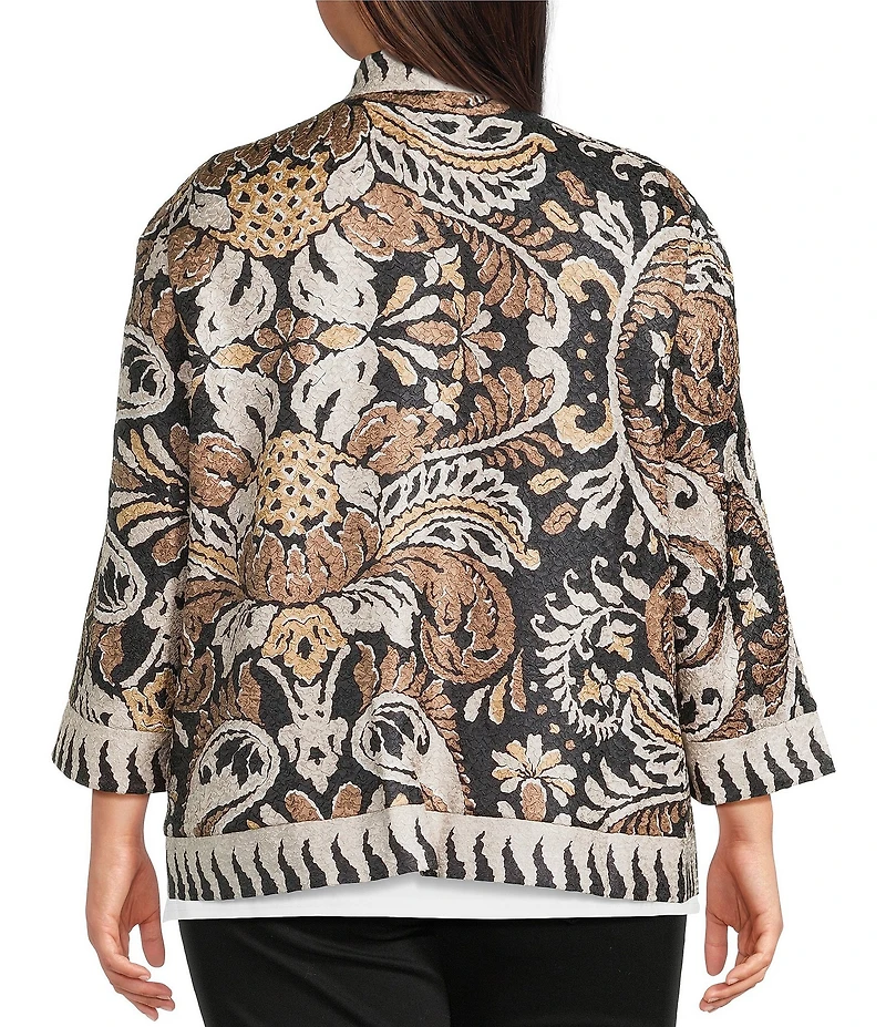 Ali Miles Plus Size Knit Textured Abstract Floral Multi Print 3/4 Sleeve Reversible Open-Front Kimono Jacket