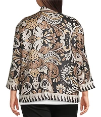 Ali Miles Plus Size Knit Textured Abstract Floral Multi Print 3/4 Sleeve Reversible Open-Front Kimono Jacket