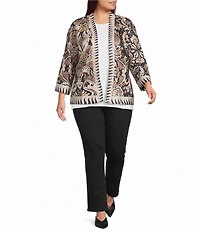 Ali Miles Plus Size Knit Textured Abstract Floral Multi Print 3/4 Sleeve Reversible Open-Front Kimono Jacket