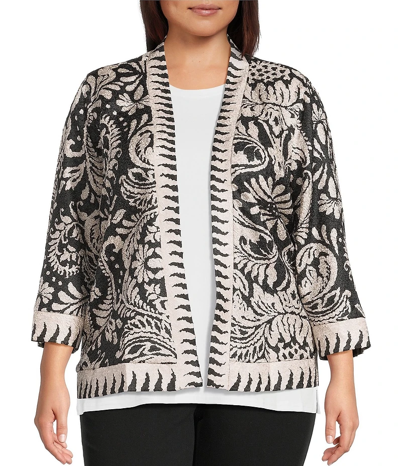 Ali Miles Plus Size Knit Textured Abstract Floral Multi Print 3/4 Sleeve Reversible Open-Front Kimono Jacket