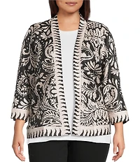 Ali Miles Plus Size Knit Textured Abstract Floral Multi Print 3/4 Sleeve Reversible Open-Front Kimono Jacket