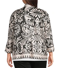 Ali Miles Plus Size Knit Textured Abstract Floral Multi Print 3/4 Sleeve Reversible Open-Front Kimono Jacket
