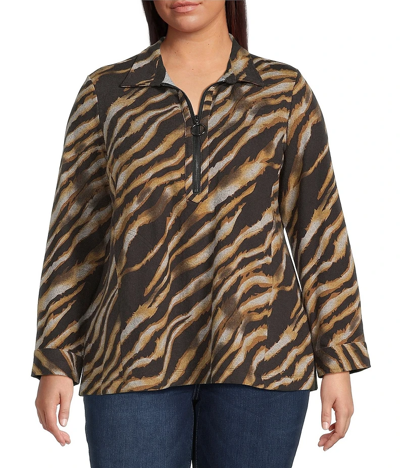 Ali Miles Plus Size Knit Zebra Print Point Collar Long Roll-Tab Sleeve Quarter-Zip Tunic