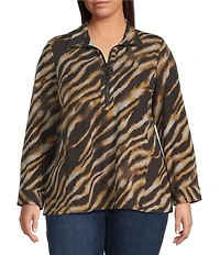 Ali Miles Plus Size Knit Zebra Print Point Collar Long Roll-Tab Sleeve Quarter-Zip Tunic