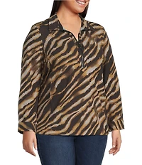 Ali Miles Plus Size Knit Zebra Print Point Collar Long Roll-Tab Sleeve Quarter-Zip Tunic