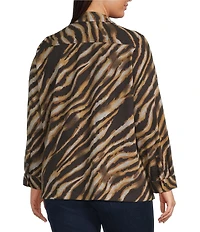 Ali Miles Plus Size Knit Zebra Print Point Collar Long Roll-Tab Sleeve Quarter-Zip Tunic