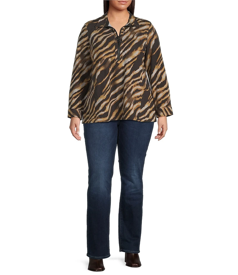 Ali Miles Plus Size Knit Zebra Print Point Collar Long Roll-Tab Sleeve Quarter-Zip Tunic