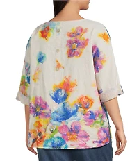 Ali Miles Plus Size Linen Blend Multi Floral Round Neck 3/4 Dolman Roll-Tab Sleeve Tunic
