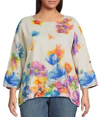 Ali Miles Plus Size Linen Blend Multi Floral Round Neck 3/4 Dolman Roll-Tab Sleeve Tunic