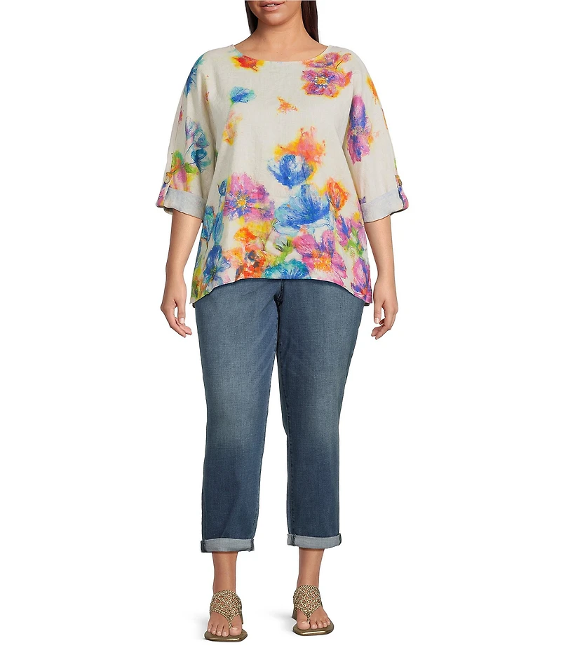 Ali Miles Plus Size Linen Blend Multi Floral Round Neck 3/4 Dolman Roll-Tab Sleeve Tunic