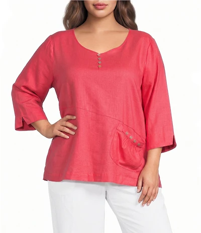 Ali Miles Plus Size Linen-Blend Round Neck 3/4 Sleeve Top