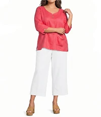 Ali Miles Plus Size Linen-Blend Round Neck 3/4 Sleeve Top