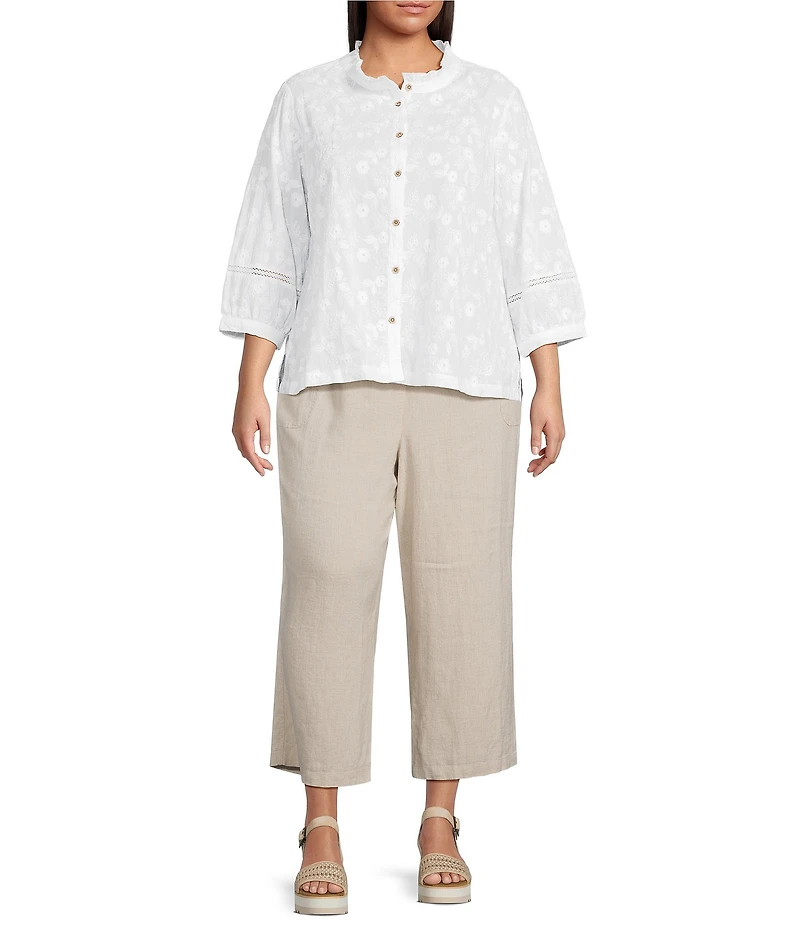 Ali Miles Plus Size Linen Blend Wide Leg Pull-On Cropped Pants
