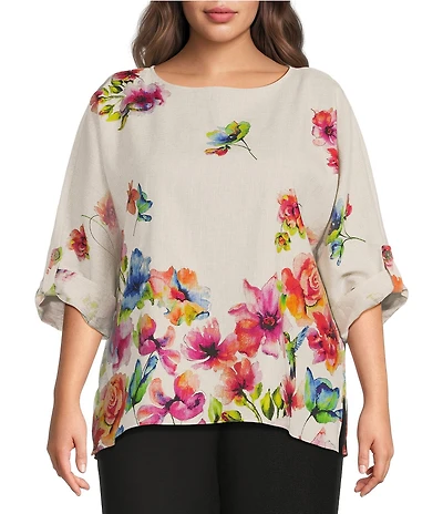 Ali Miles Plus Size loral Border Print Round Neck 3/4 Dolman Sleeve Top