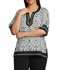 Ali Miles Plus Size Medallion Print Collared Split V-Neck Elbow Sleeve Contrast Trim Top