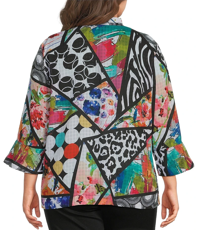 Ali Miles Plus Size Multi Abstract Wire Collar 3/4 Sleeve Button Front Jacket