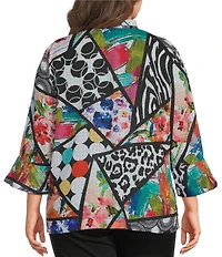 Ali Miles Plus Size Multi Abstract Wire Collar 3/4 Sleeve Button Front Jacket