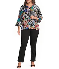 Ali Miles Plus Size Multi Abstract Wire Collar 3/4 Sleeve Button Front Jacket