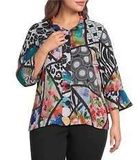 Ali Miles Plus Size Multi Abstract Wire Collar 3/4 Sleeve Button Front Jacket