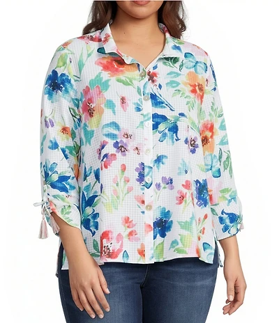 Ali Miles Plus Size Multi Floral Wire Collar 3/4 Cinch Tassel Tie Sleeve Button Front Tunic