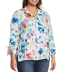 Ali Miles Plus Size Multi Floral Wire Collar 3/4 Cinch Tassel Tie Sleeve Button Front Tunic
