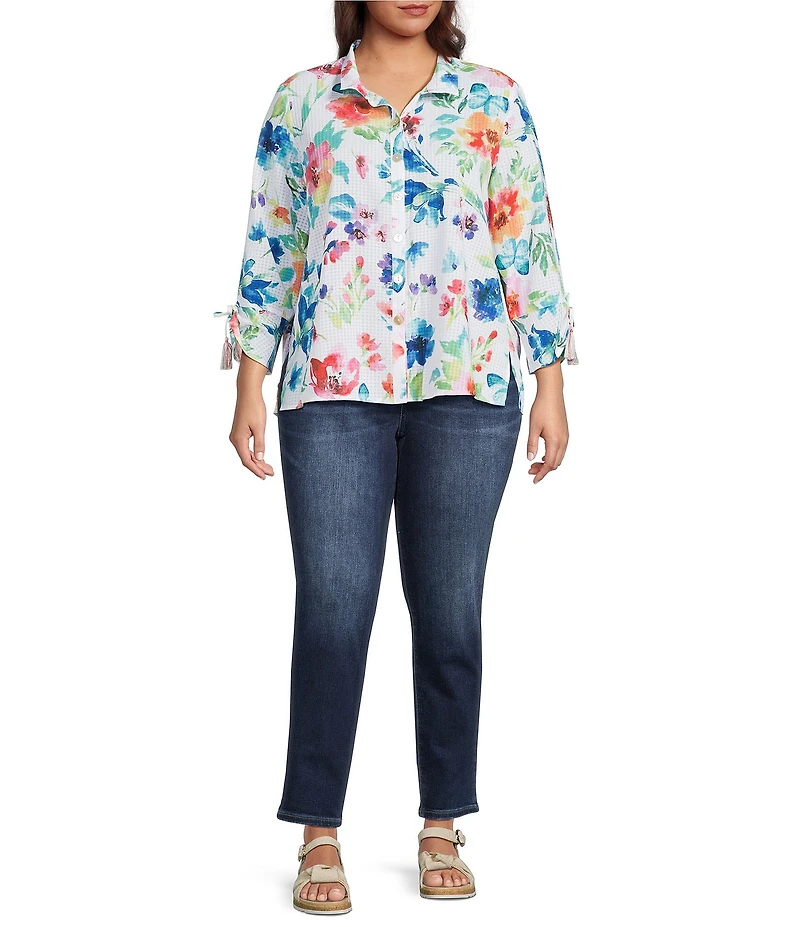 Ali Miles Plus Size Multi Floral Wire Collar 3/4 Cinch Tassel Tie Sleeve Button Front Tunic