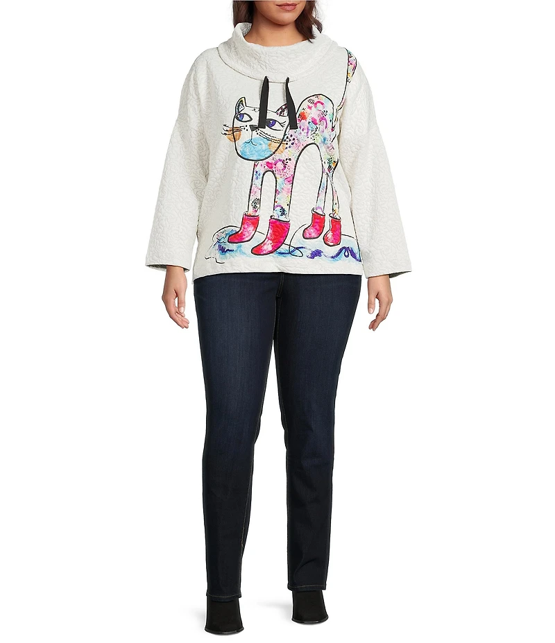 Ali Miles Plus Size Novelty Animal Cat Print Quilted Knit Popover Tunic