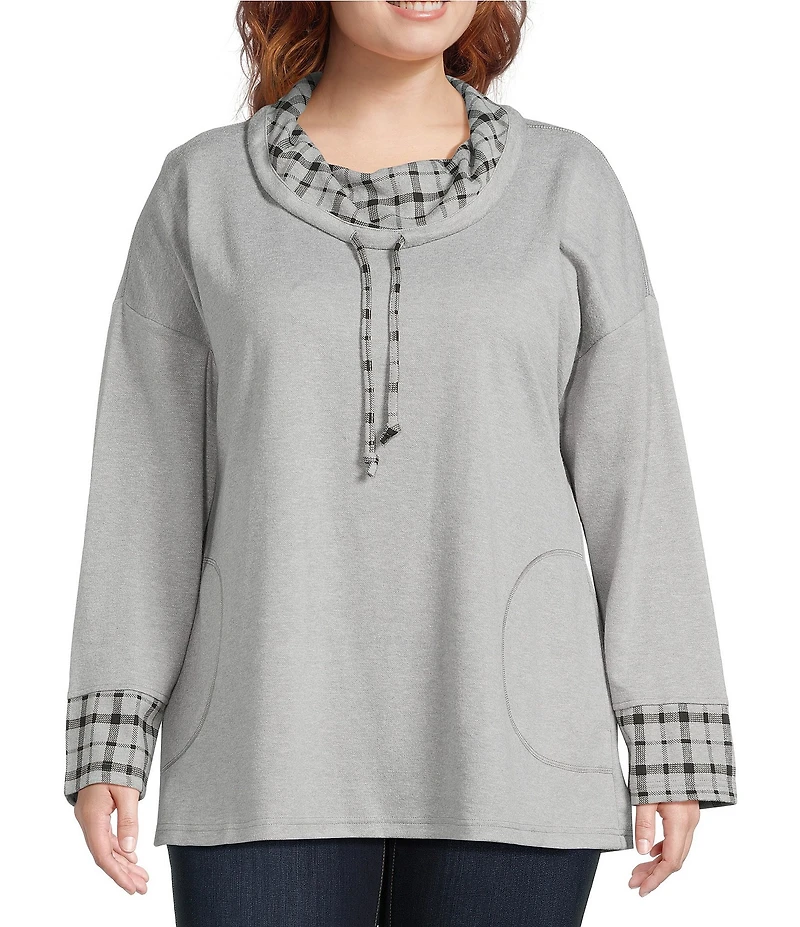 Ali Miles Plus Size Plaid Multi Print Cowl Neck Long Sleeve Tunic