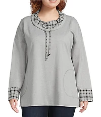 Ali Miles Plus Size Plaid Multi Print Cowl Neck Long Sleeve Tunic