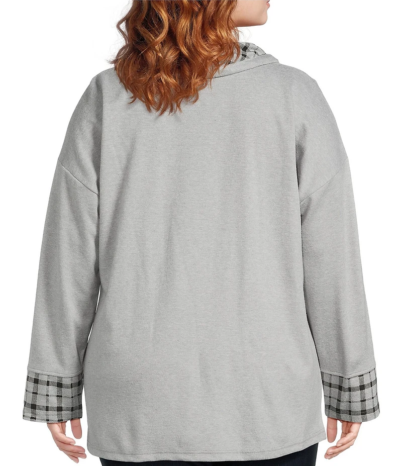 Ali Miles Plus Size Plaid Multi Print Cowl Neck Long Sleeve Tunic