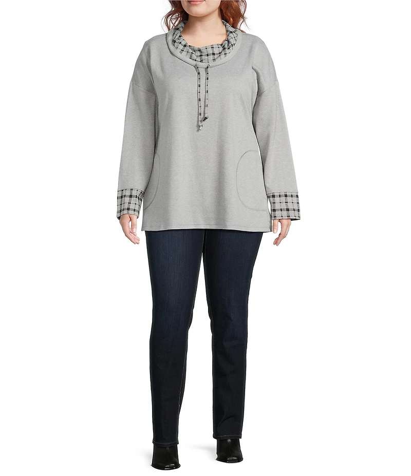 Ali Miles Plus Size Plaid Multi Print Cowl Neck Long Sleeve Tunic