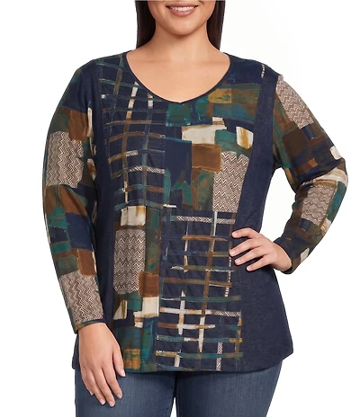 Ali Miles Plus Size Printed Knit V-Neck Long Sleeve Pullover Top