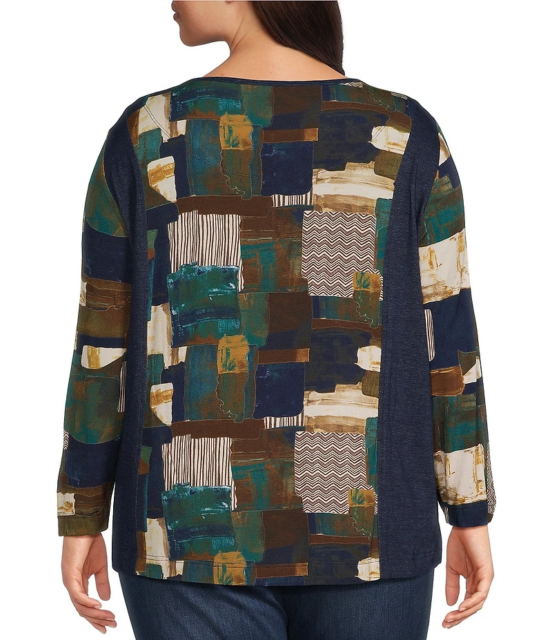 Ali Miles Plus Size Printed Knit V-Neck Long Sleeve Pullover Top