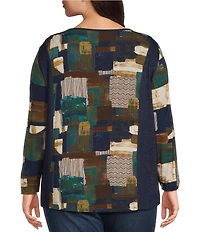 Ali Miles Plus Size Printed Knit V-Neck Long Sleeve Pullover Top
