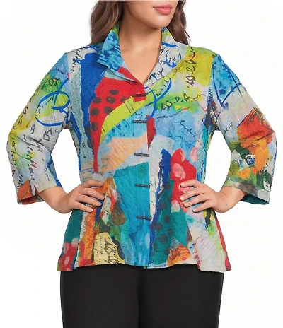 Ali Miles Plus Size Printed Wire Collar 3/4 Sleeve Button Front Top