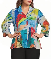 Ali Miles Plus Size Printed Wire Collar 3/4 Sleeve Button Front Top