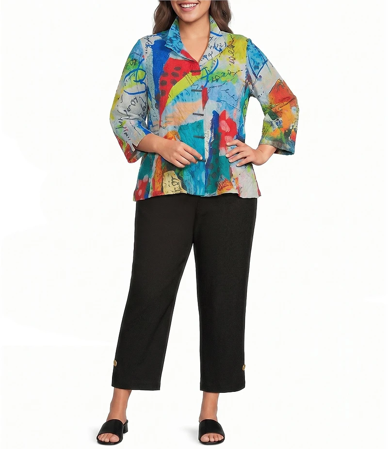 Ali Miles Plus Size Printed Wire Collar 3/4 Sleeve Button Front Top